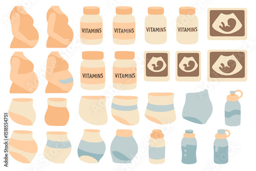Pregnancy and prenatal care icon set in soft pastel colors