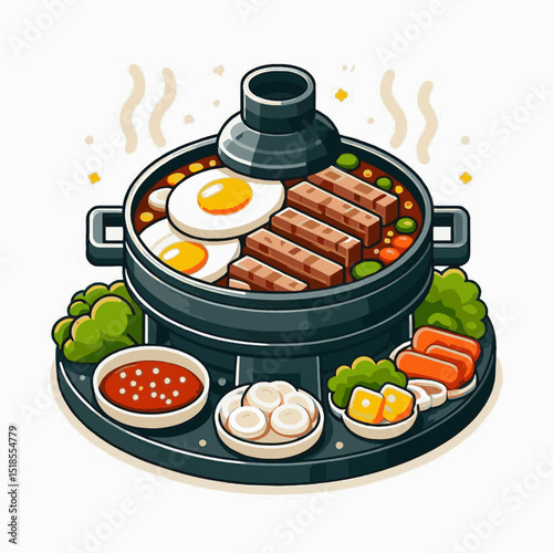 A stylized hot pot with eggs meat and vegetables on a tiered stand