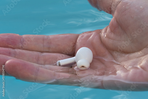 Close-up of waterproof white earbuds in swimming pool.