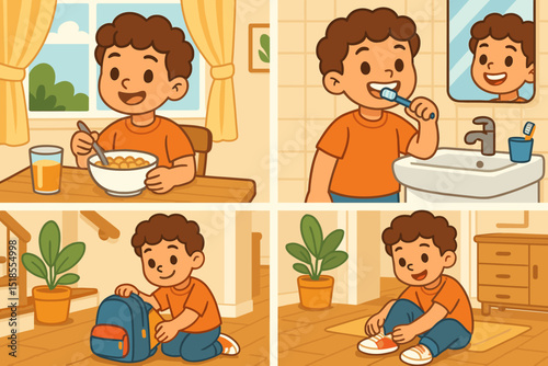 Cute cartoon of a child’s morning routine before school