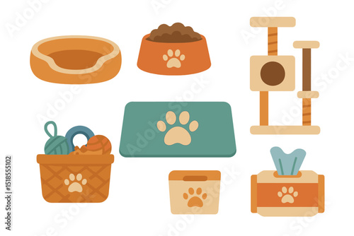 Colorful pet accessories including bowls, toys, and a scratching post arranged on a white background