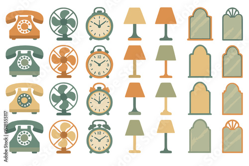 Various vintage household items including telephones, clocks, fans, lamps, and mirrors in a colorful arrangement