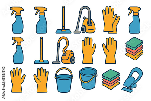 Cleaning tools and supplies arranged in a colorful and organized manner for household chores and maintenance tasks