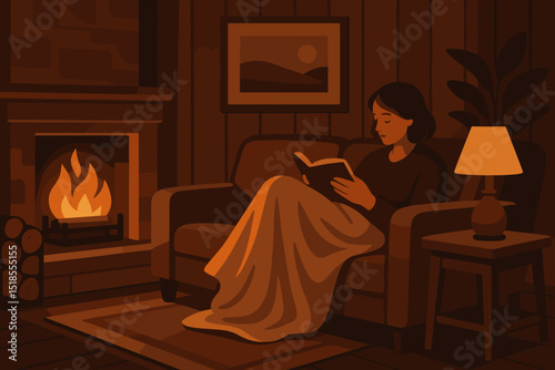 Warm evening relaxation with a book by the fireplace in a cozy living room