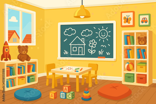 Creative children?s playroom with learning materials and colorful decorations in a bright, sunny setting