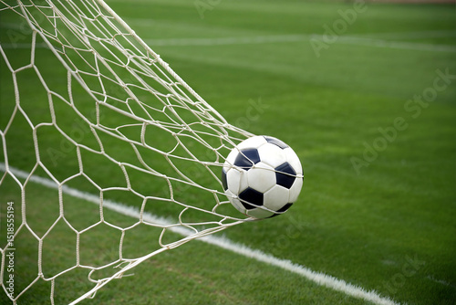 Photo of Soccer ball in the net on a green field, symbolizing a goal scored during a game, highlighting the excitement and competition of the sport