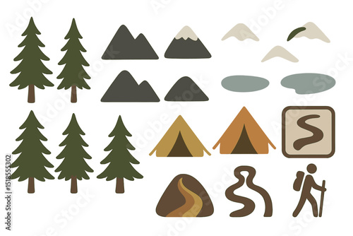 Nature symbols including trees, mountains, tents, and hiking elements for outdoor enthusiasts in a vibrant design