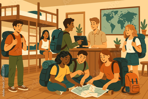 Backpackers gather around a map at a cozy hostel reception planning their next adventure in the afternoon