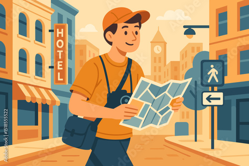 Explorer with a map navigates the city streets in the afternoon sunlight, capturing moments with a camera