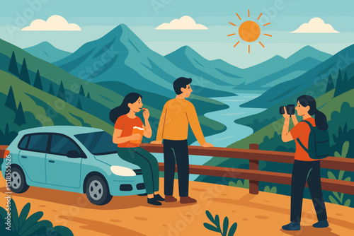 Couple enjoys scenic view as friend captures memories in beautiful mountain landscape