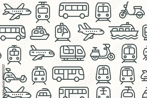 Various modes of transportation illustrated in a seamless pattern showcasing travel options and vehicles