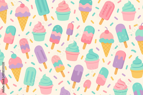 Colorful ice cream pattern featuring cones, cups, and popsicles with sprinkles on a light background