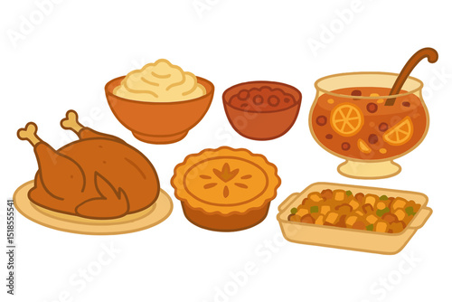 Festive meal arrangement featuring roasted chicken, pies, and side dishes perfect for holiday gatherings