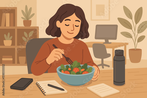 Woman enjoying a healthy salad at a desk in a cozy indoor environment during daytime