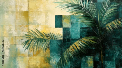 Vibrant abstract artwork featuring overlapping leaves in various shades of blue, green, yellow, and pink, reminiscent of a tropical collage