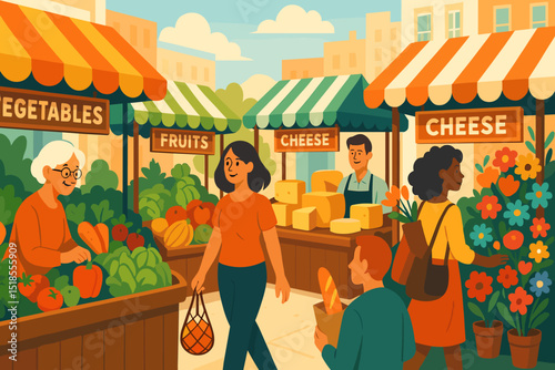 Vibrant marketplace buzzing with activity and fresh produce on a sunny day