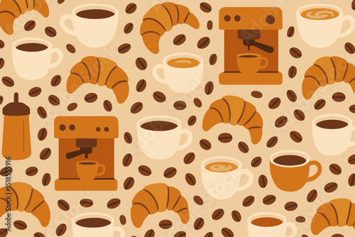 Coffee and pastry pattern with brewing equipment and cups featuring croissants and coffee beans