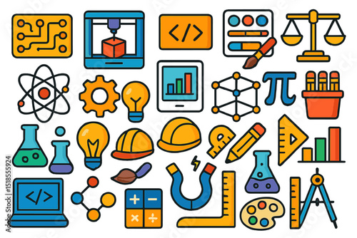 Colorful collection of science, technology, engineering, and math icons showcasing various concepts and tools