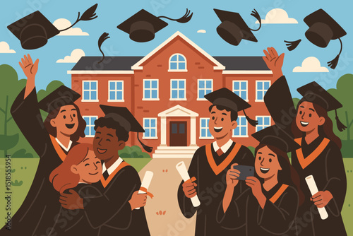 Students celebrate graduation outside a school building with caps flying in the air on a sunny afternoon