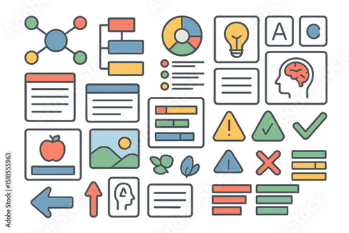 Graphic designs featuring various icons and elements used for information visualization and data representation in a digital context