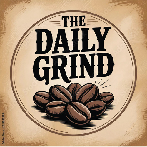 The Daily Grind Coffee Logo - Vintage Style Coffee Beans Illustration
