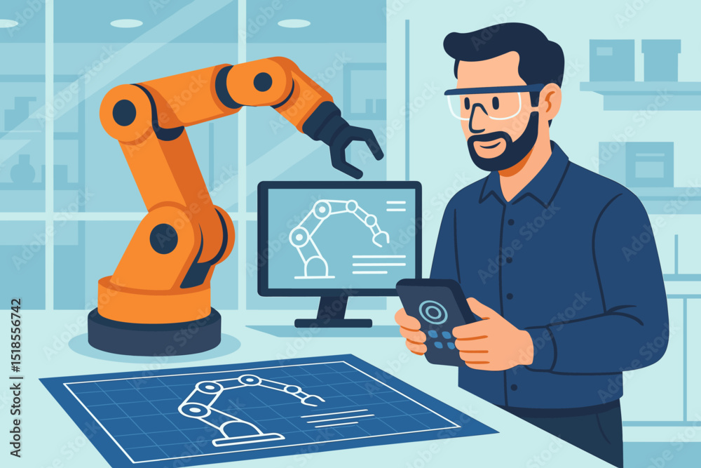 Engineer interacts with robotic arm in modern workspace while utilizing smartphone for design tasks Engineer interacts with robotic arm in modern workspace while utilizing smartphone for design tasks