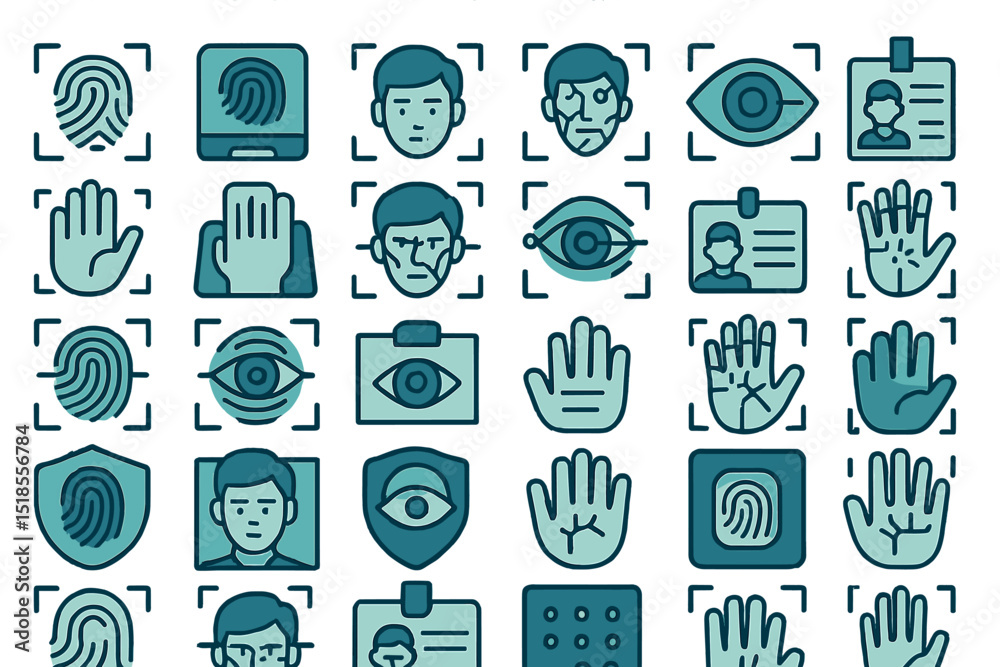 Security icons display various biometric identification methods and user profiles for modern technology integration Security icons display various biometric identification methods and user profiles for modern technology integration