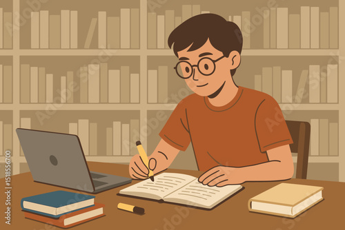Student studies diligently at a wooden desk with a laptop and notebooks in a library filled with books