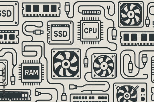 Detailed arrangement of computer components showcasing CPU, RAM, SSD, and cooling fans on a light background
