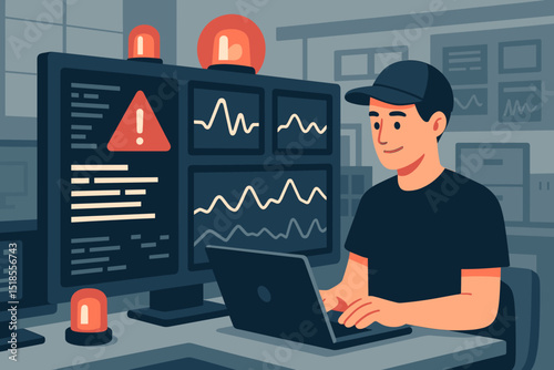 Person monitors data on multiple screens while attending to alarms in a control room