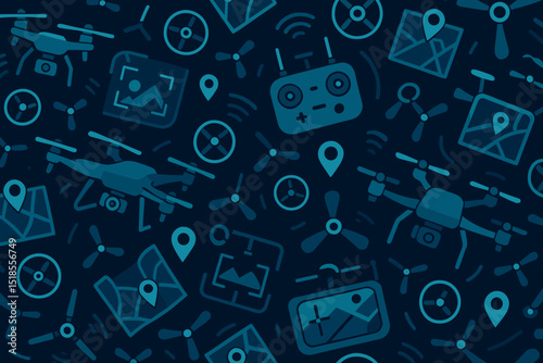 Colorful pattern of drones, remote controls, and maps illustrating technology in modern navigation