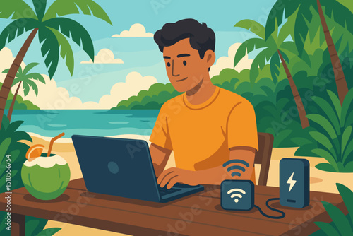 Working remotely in a tropical paradise with a laptop and refreshments near the beach