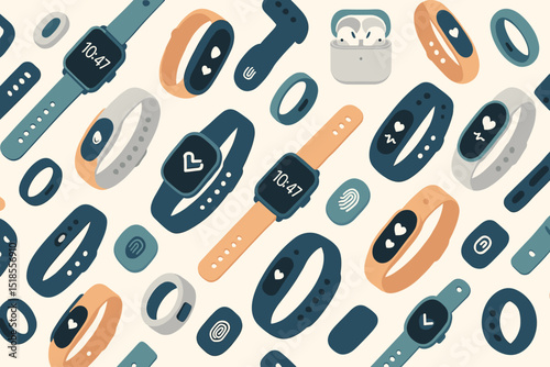 Colorful assortment of smartwatches and fitness trackers on a light background displaying various features and designs