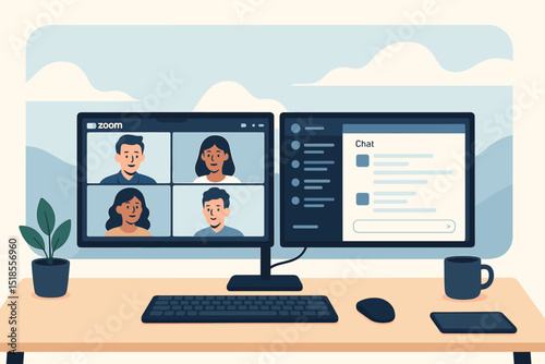Virtual meeting setup with four participants seen on screen and chat interface displayed