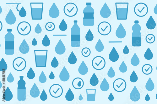 Background pattern of water bottles and droplets in various shades of blue with check marks