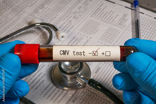 Doctor holding a test tube with blood sample for cmv test, negative result
