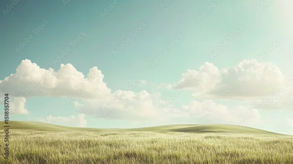 Fototapeta premium A watercolor depiction of Verdant Hills features a meadow and fields under a bright cloudy sky