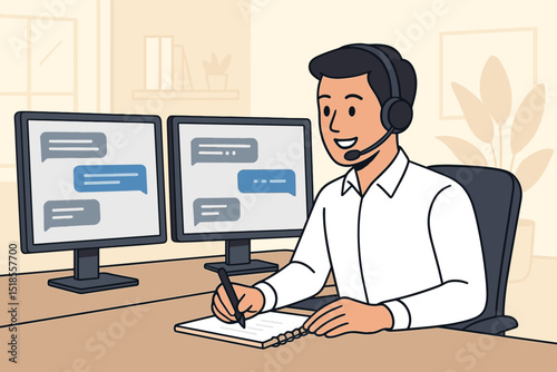 Man working in a home office with dual monitors and headset engaging in customer support conversation
