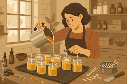 Woman makes homemade candles in a cozy workshop during the afternoon light
