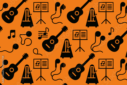 Music-themed pattern featuring guitars, metronomes, and musical notes on an orange background for creative projects
