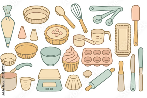 Kitchen baking tools and utensils arranged in a colorful and organized layout for baking enthusiasts