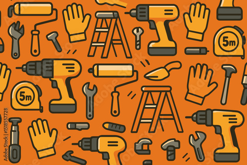 Colorful illustration of various hand tools and equipment arranged on an orange background highlighting a DIY workshop theme