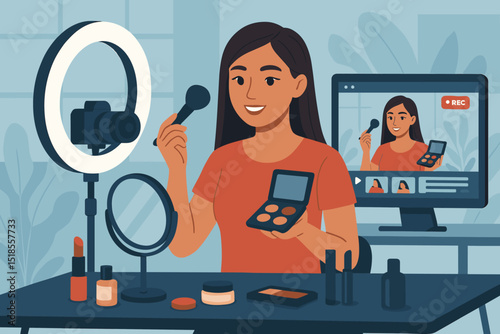 Content creator preparing makeup tutorial in bright studio space with camera and ring light