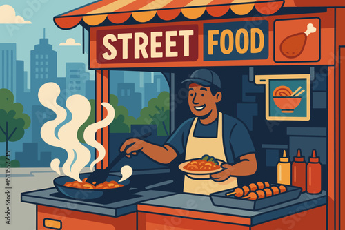 Busy street food vendor serving delicious meals in a vibrant city park during the afternoon