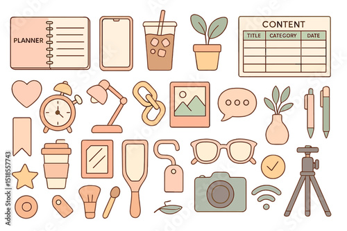 Collection of various office supplies and items arranged in an organized manner for productivity and planning