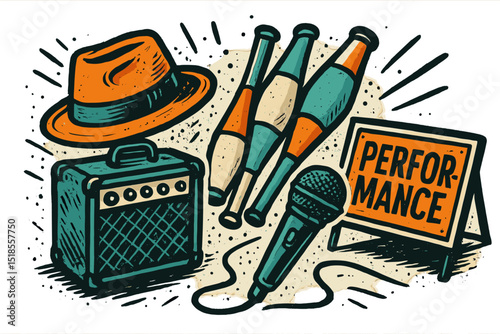 Colorful illustration of performance elements featuring a microphone, juggling props, amplifier, and hat showcasing a live entertainment theme
