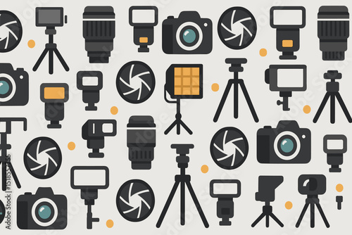 Camera equipment including lenses, tripods, and lighting accessories displayed in a creative pattern at a studio workspace