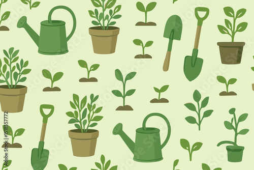 Garden tools and plants pattern featuring watering can, pots, and gardening equipment in various shades of green