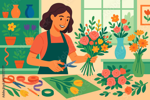 Florist arranging colorful bouquets in a bright floral shop during the day