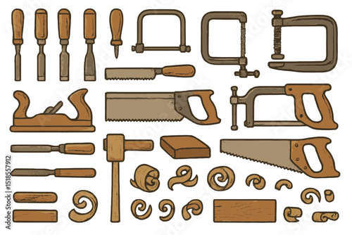 Collection of woodworking tools arranged neatly on a white background for DIY enthusiasts and professionals